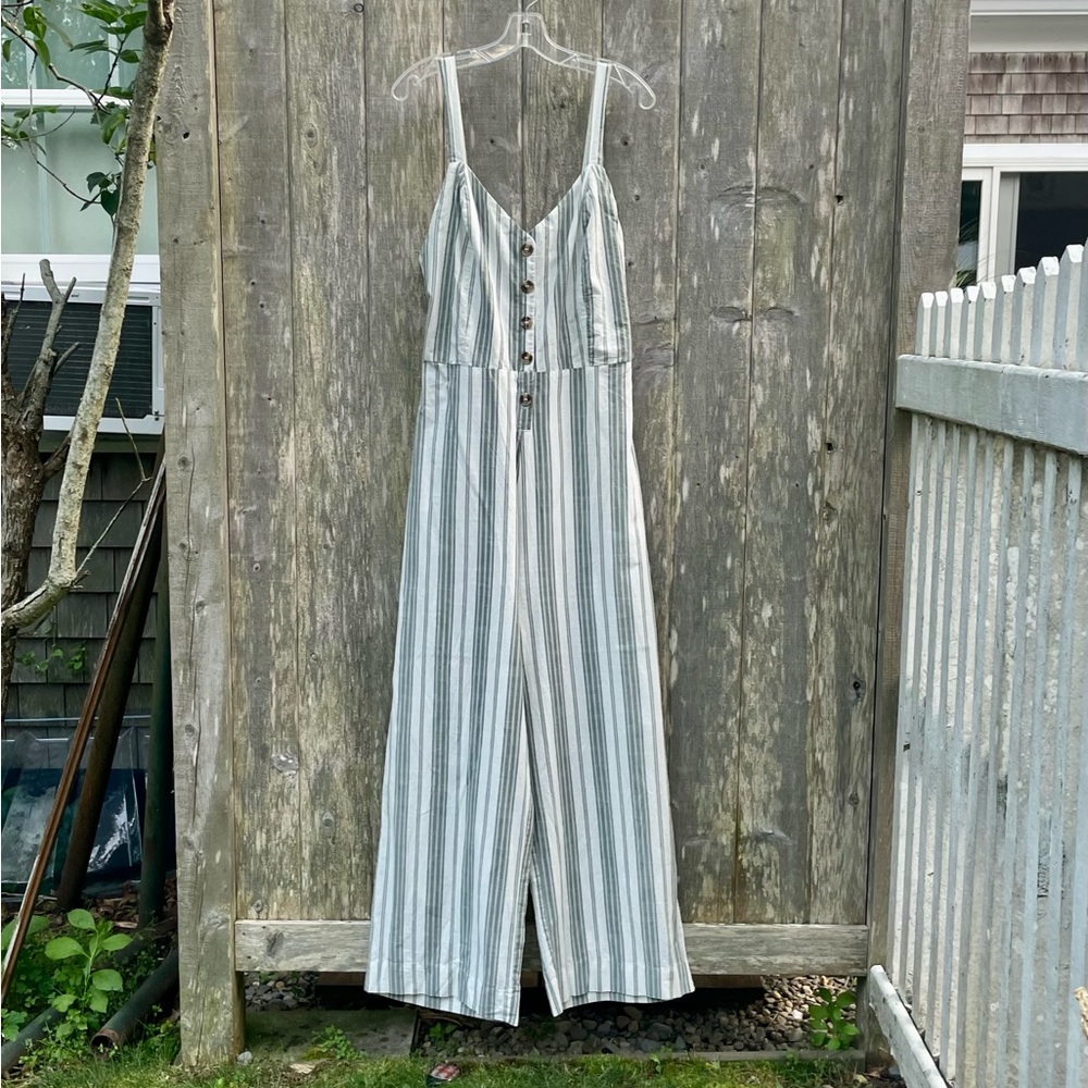 NWT Jaipur Beige & Green  Striped Cotton Sleeveless WideLeg Jumpsuit. Size L